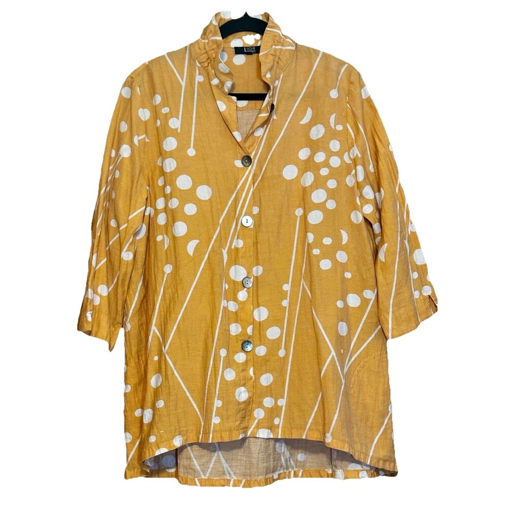 Lior Paris Women's Yellow Polka Dot Collared 3/4 Sleeve Blouse L Viscose/Linen
